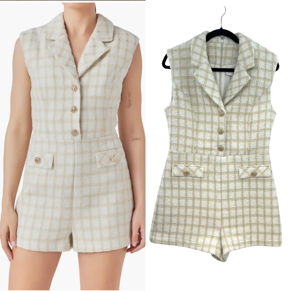 Endless Rose Suited Tweed Romper Plaid Check White Gold Size Medium
